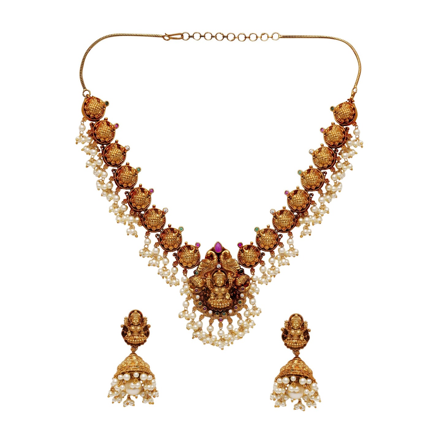 VOYLLA Gold Opulence Gold Plated Goddess Lakshmi Motifs Faux Pearls Lavish Jewellery Set For Women|Womens Jewellery Set|Gift For Women|Womens Gift|Gift For Her|