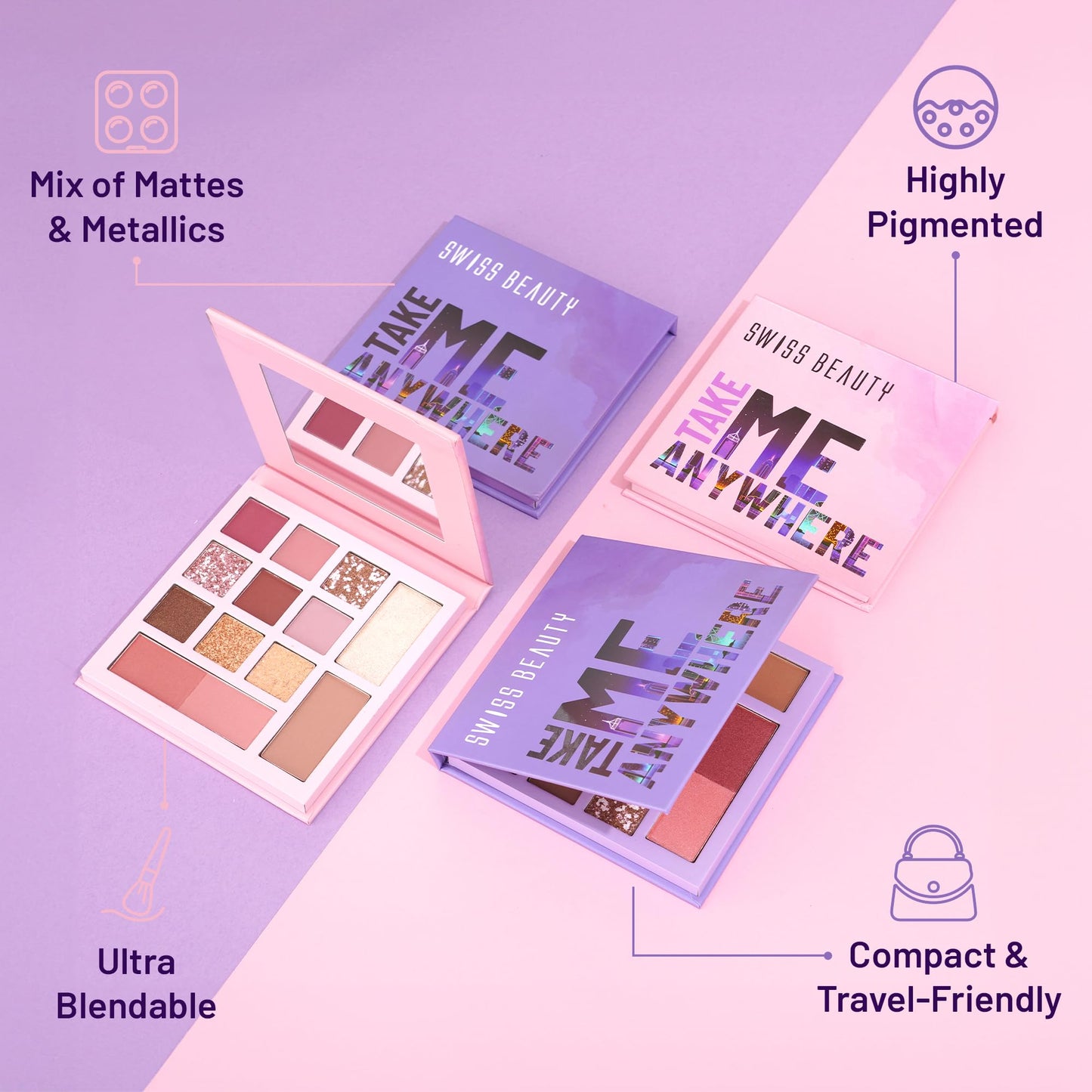 Swiss Beauty Take Me Anywhere Face and Eye Palette | 9 Eyeshadow shades, 2 blushers, 1Contour, 1 Highlighter | Highly pigmented, Blendable Mattes and Metallic shades | Shade- Day Off, 12g