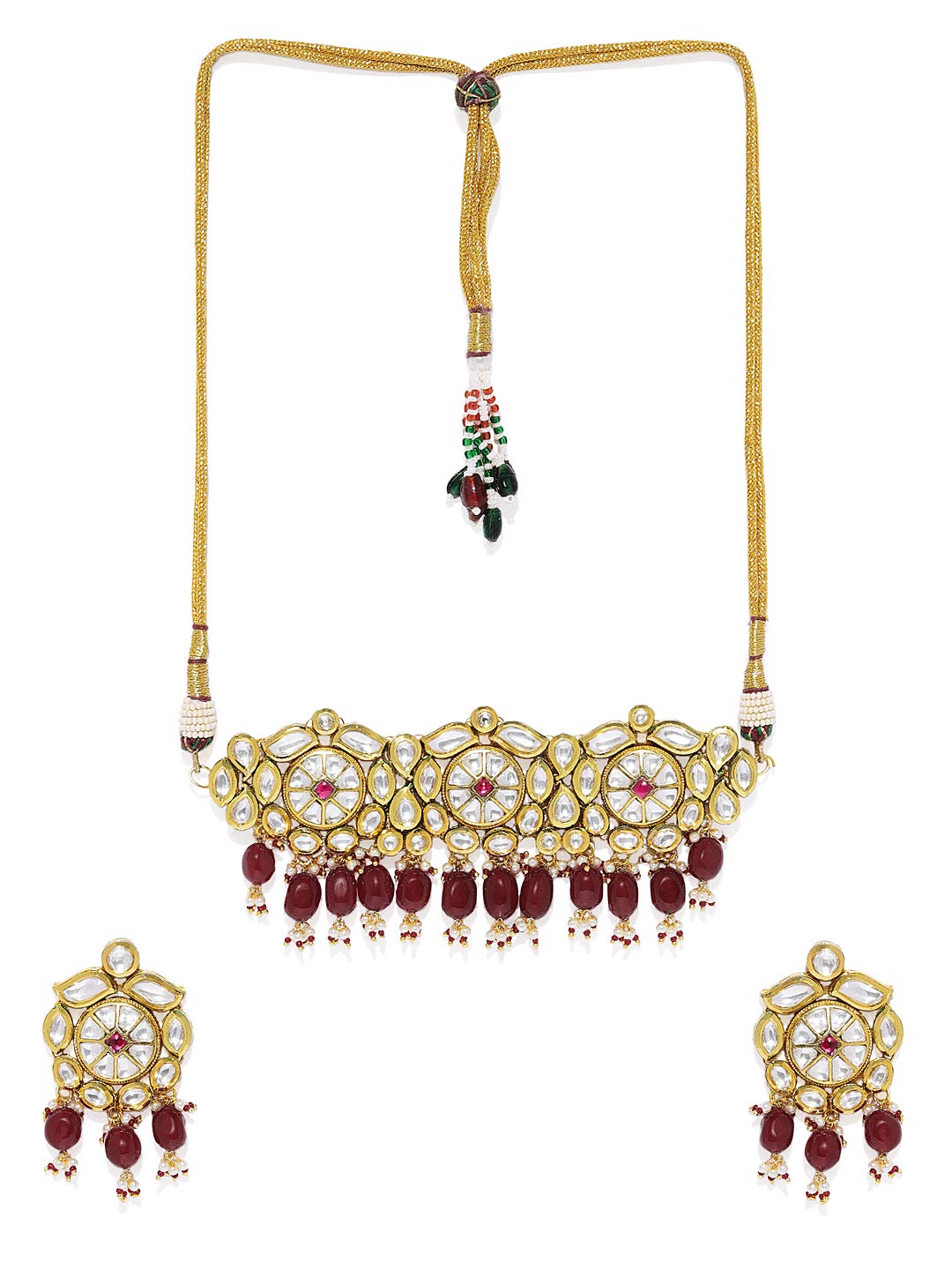 ACCESSHER Gold Plated Traditional Handcrafted Vilandi Kundan and Glass Beads Embellished Necklace Set with Statement Earrings for Women and Girls