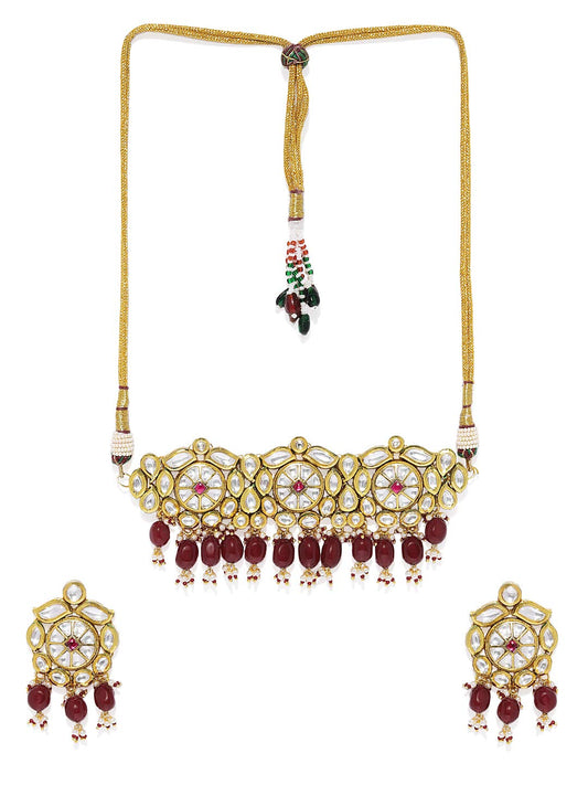 ACCESSHER Gold Plated Traditional Handcrafted Vilandi Kundan and Glass Beads Embellished Necklace Set with Statement Earrings for Women and Girls
