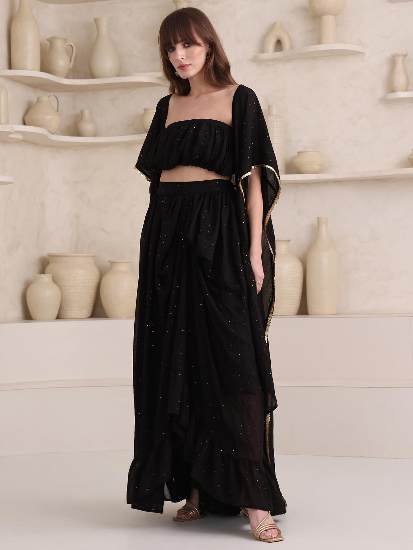 PURVAJA Women’s Maxi Fit & Flare Viscose Ethnic Co-Ords(Razy-030-S_Black)