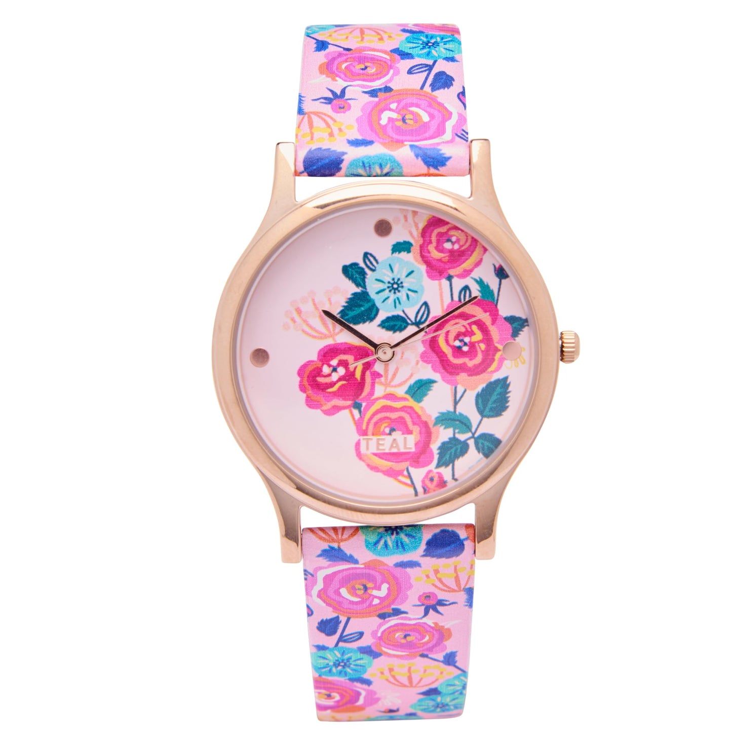 TEAL BY CHUMBAK Round Dial Analog Watch for Women,Rose Garden Collection, Printed Vegan Leather Strap,Gifts for Women/Girls/Ladies,Stylish Fashion Watch for Casual/Work - Pink