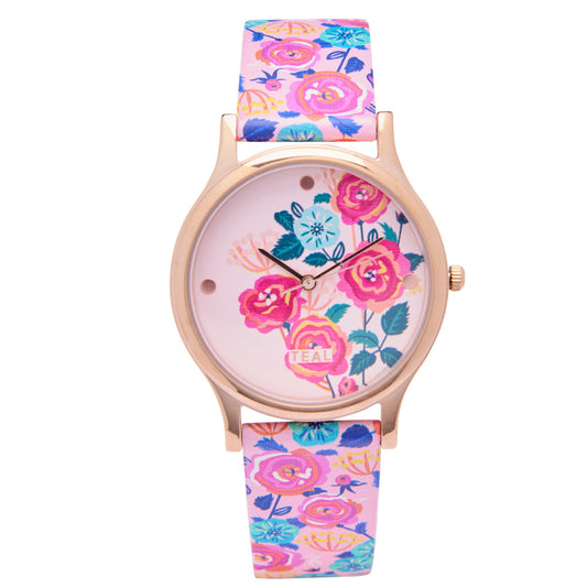 TEAL BY CHUMBAK Round Dial Analog Watch for Women,Rose Garden Collection, Printed Vegan Leather Strap,Gifts for Women/Girls/Ladies,Stylish Fashion Watch for Casual/Work - Pink