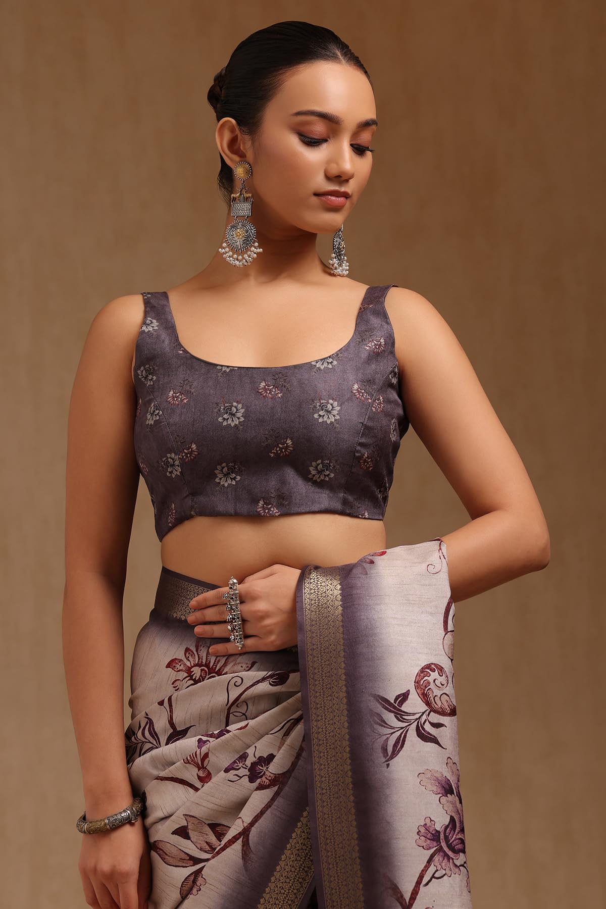 Soch Womens Grey Tussar Botanical Print Saree