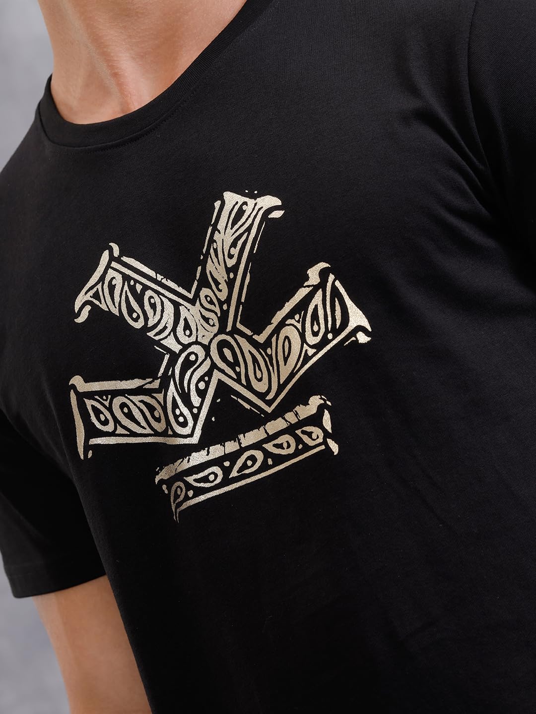 WROGN Men's 100% Cotton T-Shirt | Gold Foil Paisley Logo Print | Slim Fit | Black | M