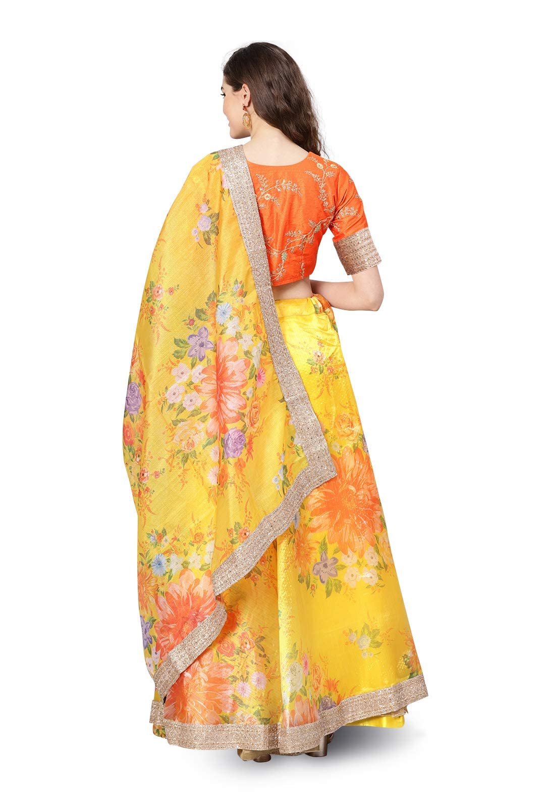 Zeel Clothing Women's Organza Embroidered Fabric Floral Embroidered Semi Stitched Lehenga Choli With Dupatta 7026-New-Yellow-Bridal-Wedding-Lehangafree Size, Customizable Length