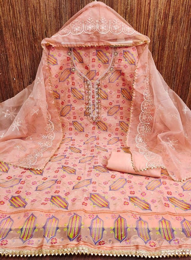 VARNI FABRICS Organza Dress Material for Women Geometric Unstitched Woman Salwar Suit Dress Material With Organza Dupatta Peach Pink