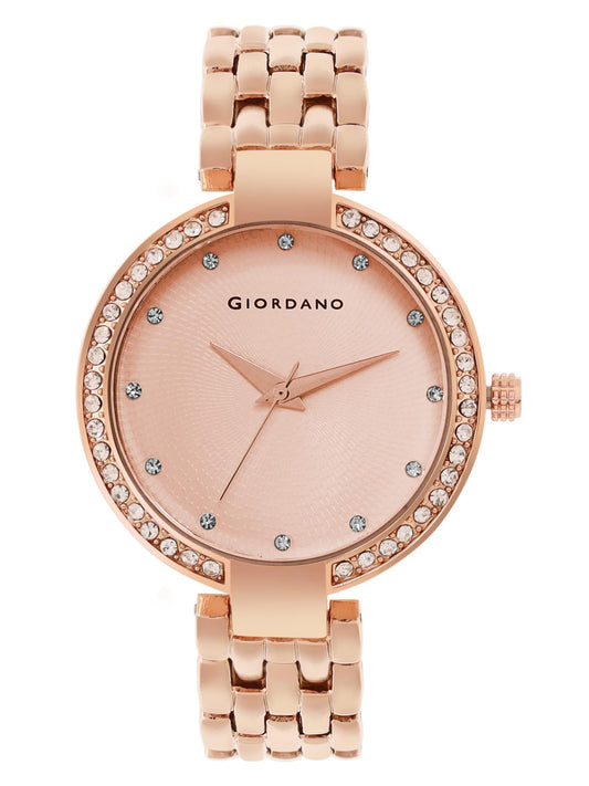 Giordano Fashionista Analogue Watch for Women Stylish Metal Strap, Diamond Studded Dial Ladies Wrist Watch 3 Hand, Ideal Gift for Female - GD-2141 (Full Rose Gold)