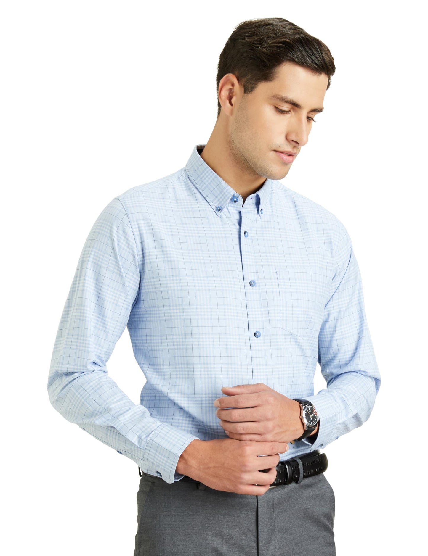 Symbol Premium Men's Stylish Checkered Buttondown Casual Shirt - Regular Fit | Plain | Full Sleeve | Cotton Semi Formal Wear (Available in Plus Size) (Sky Blue_Large)