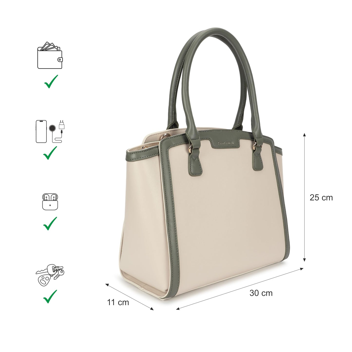 Fastrack White Core Satchel | Women’s Faux-Leather Handbag in Black | 2 Compartments, Zipper Pockets, External Pocket & Detachable Strap | Gold Hardware