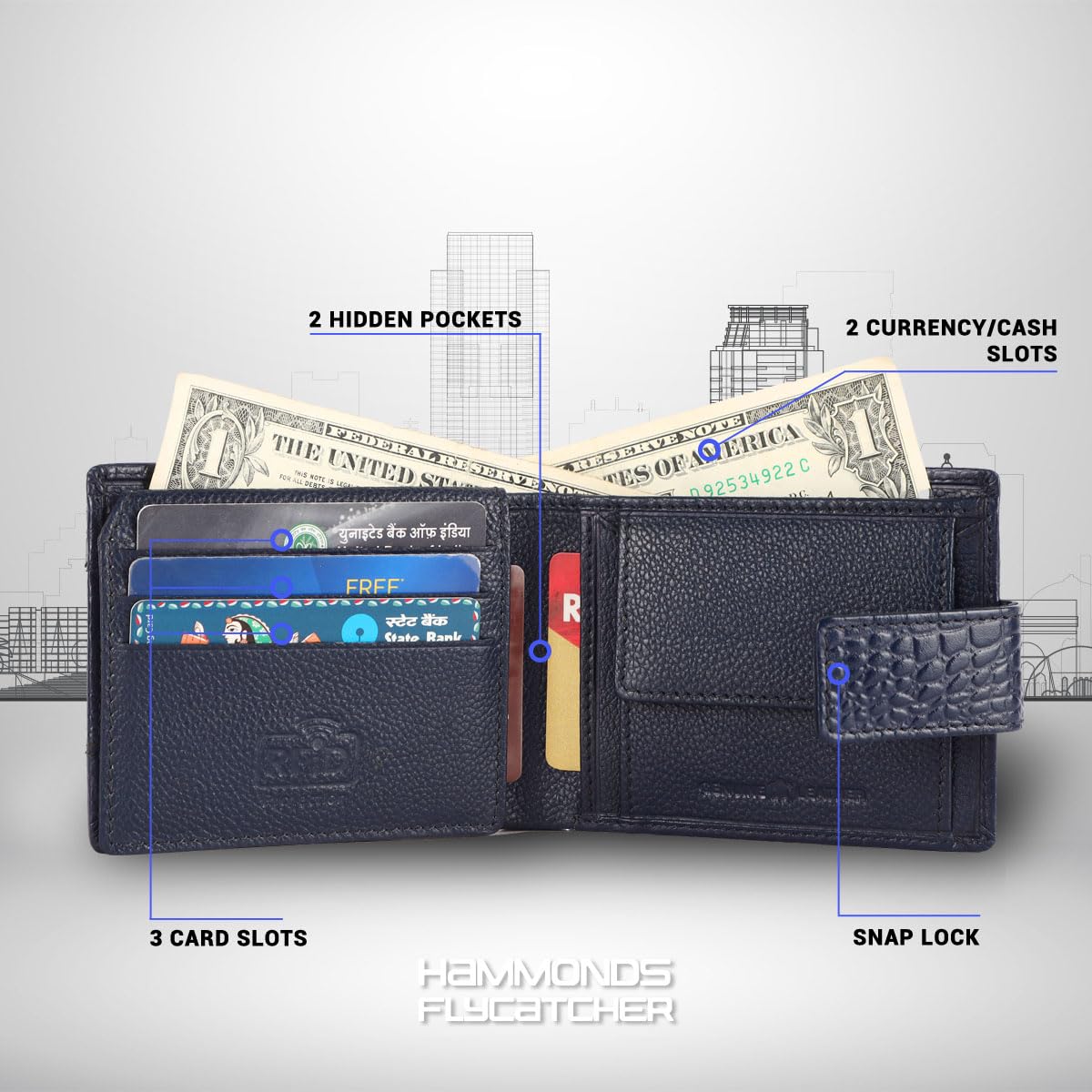HAMMONDS FLYCATCHER RFID Wallet for Men Leather Original, Mens Wallet, Leather Wallets for Men Stylish, Bi-Fold Wallets for Man, 6 Card Slots, 1 ID Slot, Coin Pocket, Gift for Mens - Croc Blue