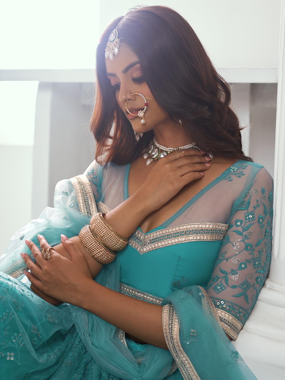 Zeel Clothing Women's Cotton Thread Sequins Work Embroidery Soft Net Readymade Lehenga Choli Set With Dupatta (Nfh-2201-Rama-Green-Women-Lehenga-Choli-Latest; Free Size)