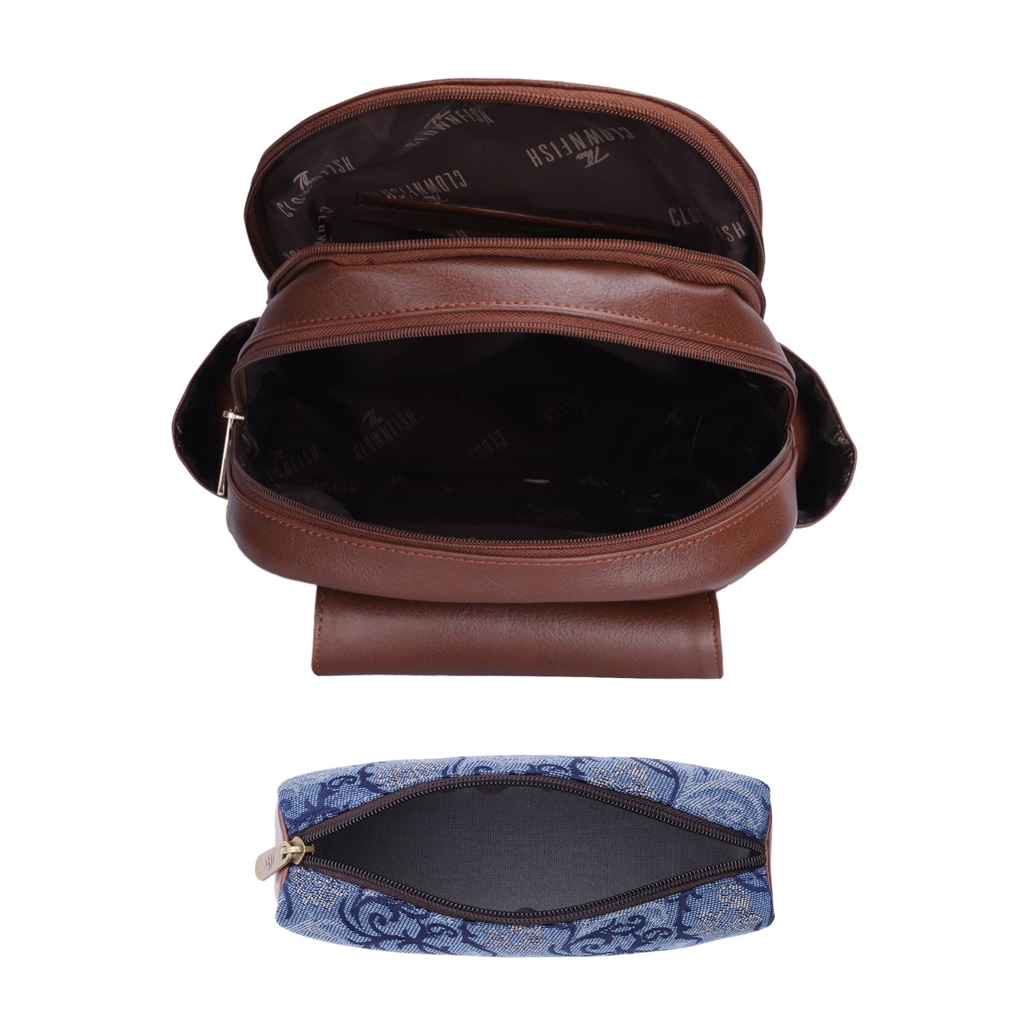 THE CLOWNFISH Combo Of Minerva Faux Leather & Tapestry Women's Backpack College School Girls Bag Casual Travel Backpack For Ladies & Expert Series Pencil Pouch Pen Case (Blue-Floral), 10 Litres