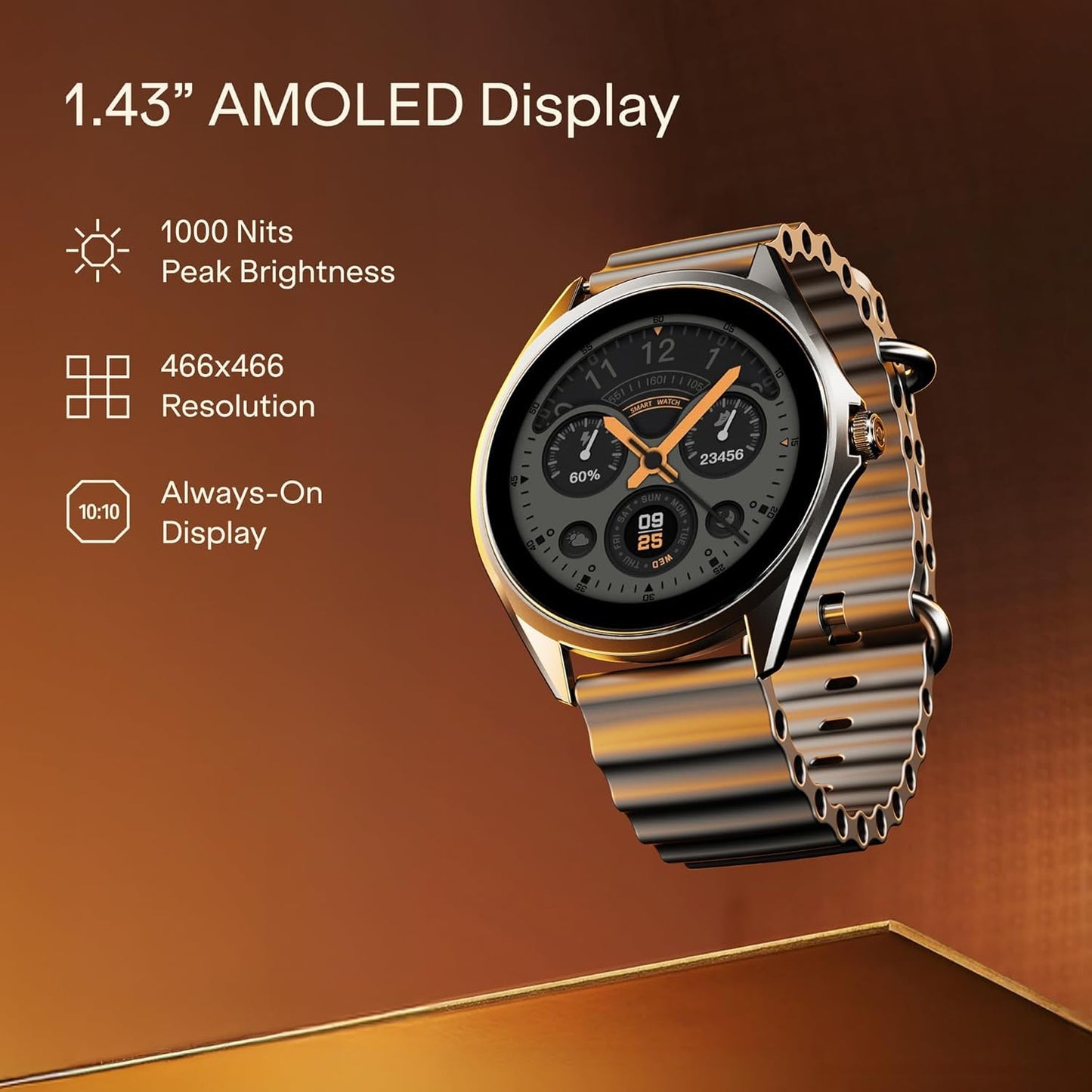 Boat Ultima Aeris 1.43" AMOLED Display, 1000 nits Brightness, Ultra Slim 8mm Metal Build, IP68, Auto HR & SpO2 Monitoring, Sleep & Stress Tracking, Stylish Smartwatch for Men & Women (Active Black)