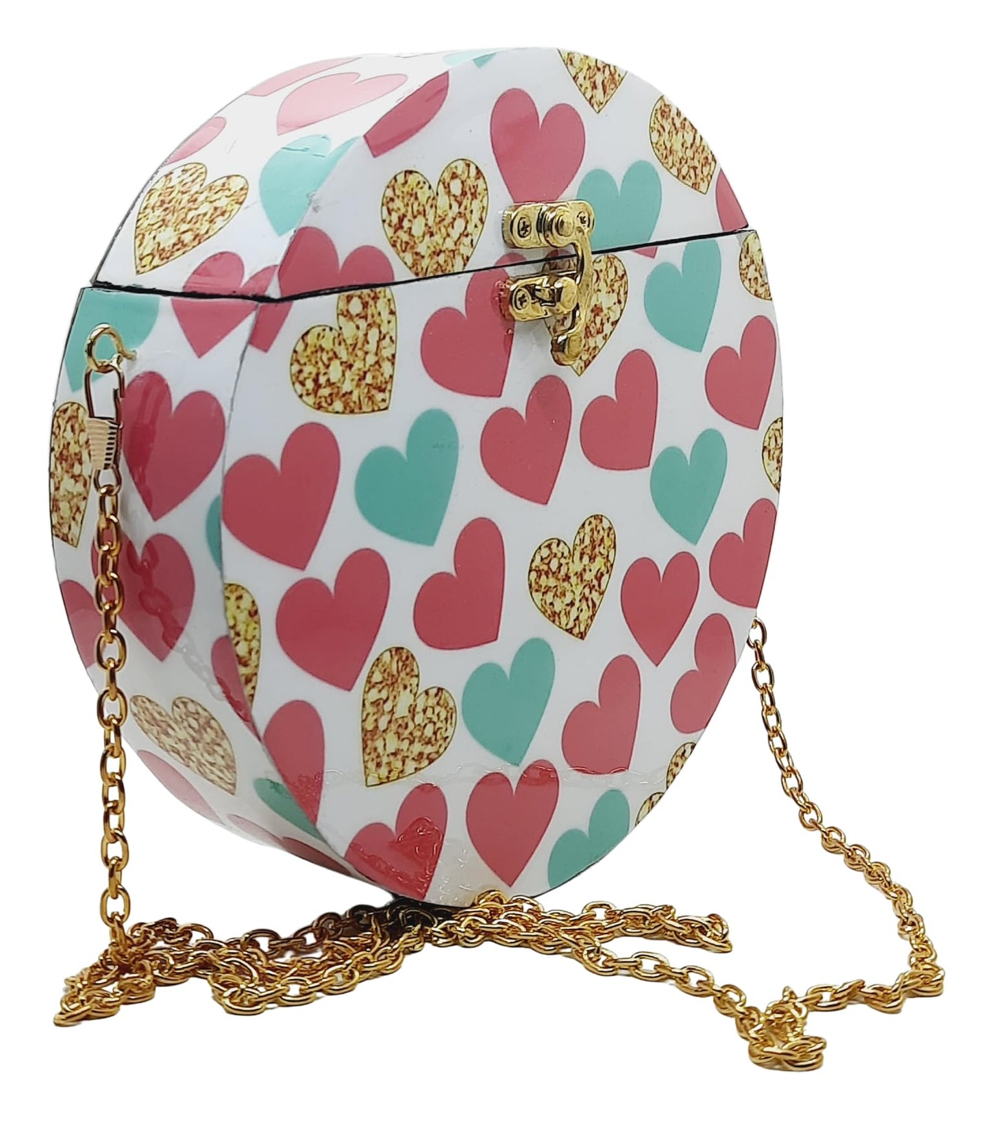 Trend Overseas Women's Handmade Wooden Printed Round Ethnic Clutch Bag/Bridal Purse/Handbag_Crossbody Sling Bags for Party (7.5 Inch) (Pink Heart)