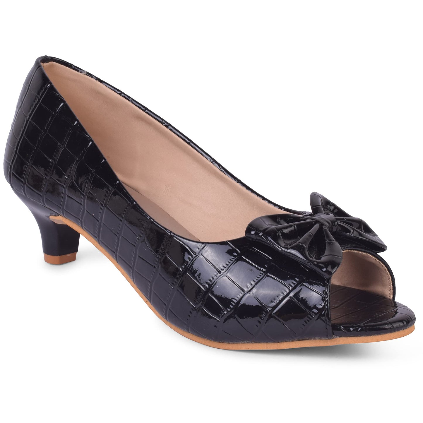 XE Looks Women's Black Patent Peep-Toe Heels | Textured Glossy Finish with Bow Design | Stylish, Comfortable & Trendy Kitten Heel Pumps For Girls & Women