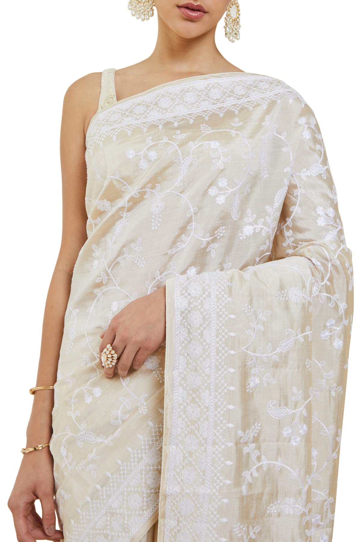Soch Women Off-White Tussar Floral Saree With Attached Blouse