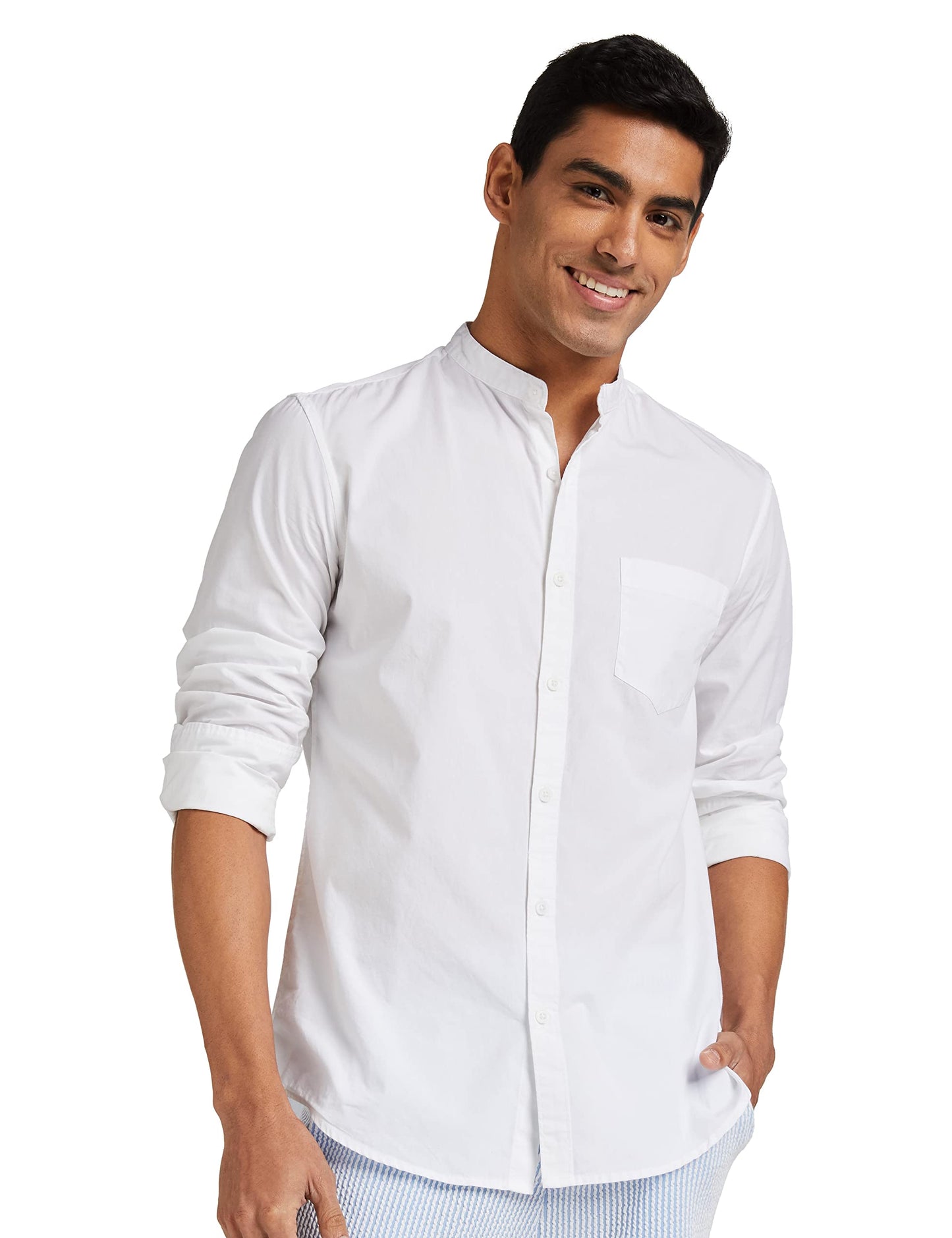 Amazon Brand - Symbol Men's Cotton Shirt | Chinese Collar | Casual | Plain | Full Sleeve | Summer - Regular Fit (Available In Plus Size, White_M)