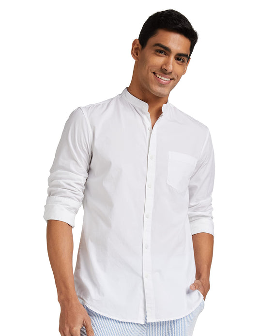 Amazon Brand - Symbol Men's Cotton Shirt | Chinese Collar | Casual | Plain | Full Sleeve | Summer - Regular Fit (Available In Plus Size, White_M)
