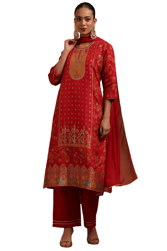 Soch Womens Red Russian Silk Ethnic Motifs Salwar Suit With Cutdana And Stone