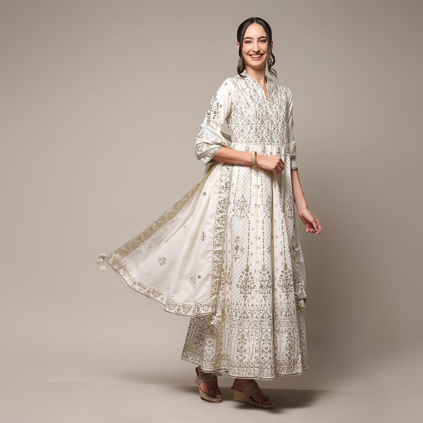BIBA WOMEN PRINTED RELAXED SALWAR KURTA DUPATTA(SKDKINARI8540_IVORY_40)