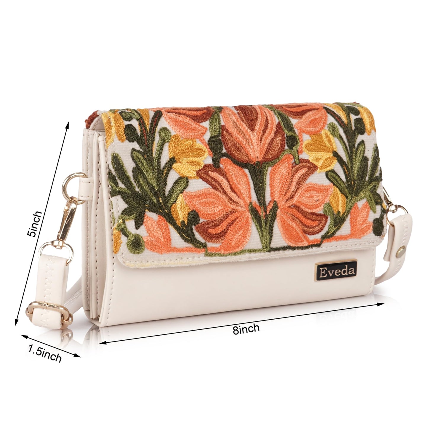 VELUCIA Embroidered Floral Clutch Purse, Gold Design, Ladies Wallet (Beige)