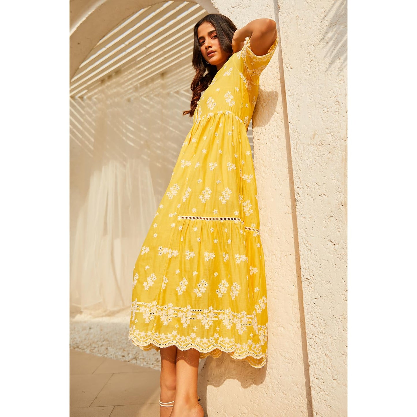 BIBA Women Cotton Tiered Printed Casual Dress Ankle Length CASUAL2404SS24YEL_Yellow, Large