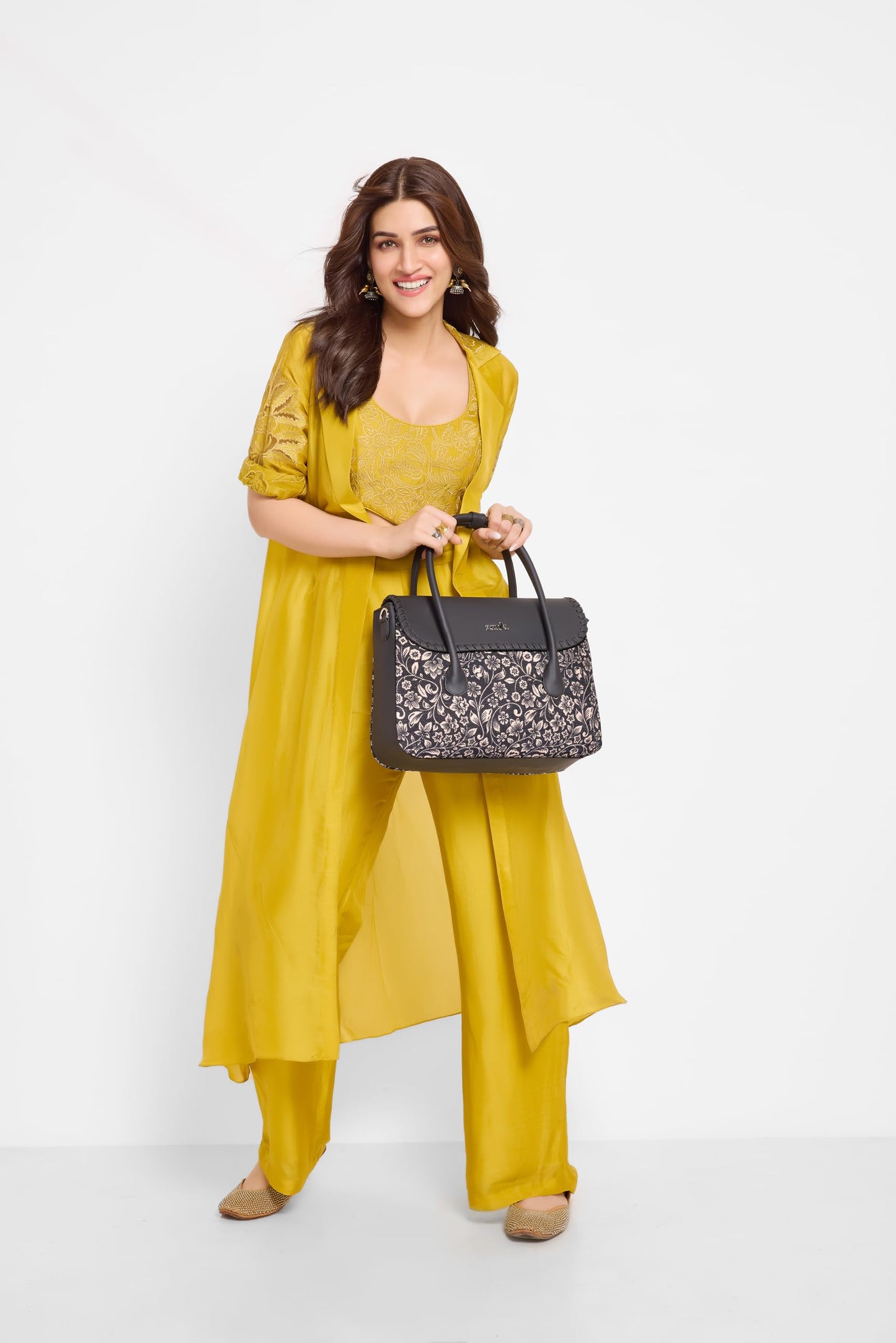 ZOUK Flomotif Floral Printed Jute Handcrafted Vegan Leather Black Women's Satchel Bag | Ladies Purse Handbag | Double Handle Detachable Strap