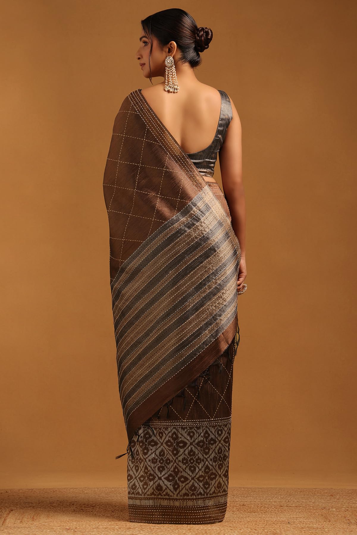 Soch Womens Brown Tussar Geometric Saree With Kantha Embroidery