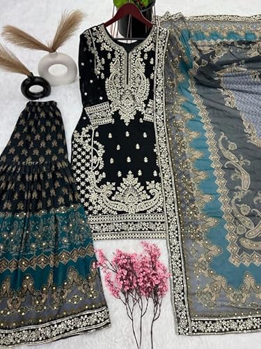 Brulry Women's Black Color Georgette Round Neck Knee Length straight Kurta With Sarara With Dupatta