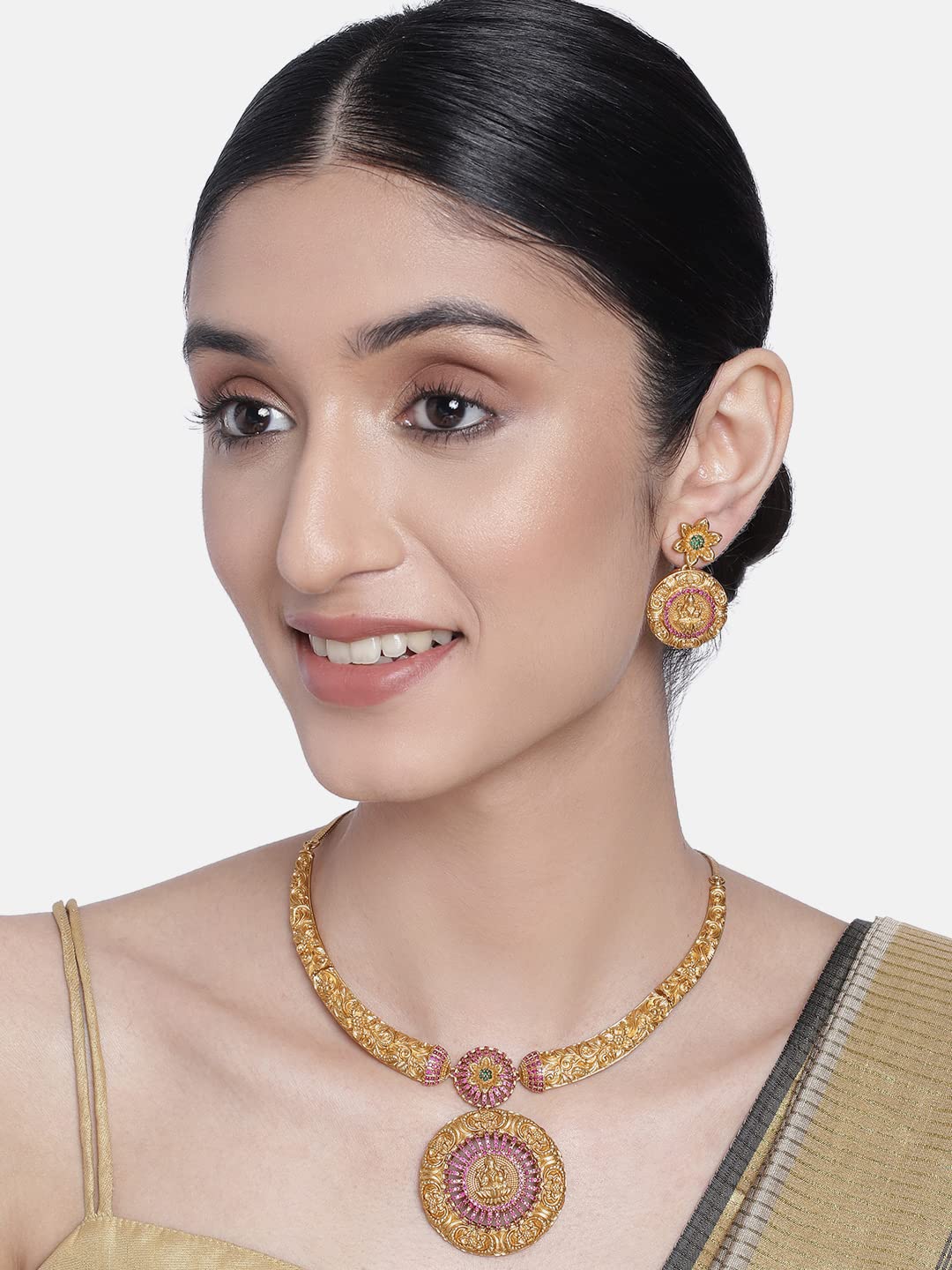 Peora Gold Plated Red Green Goddess Laxmi Stud Pendant Necklace Earring Temple Jewellery Set for Women