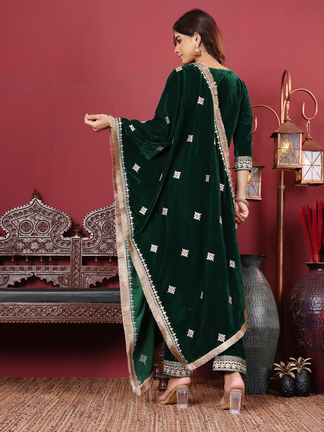 Varanga Women Green Velvet Round Neck Yoke Embroidered Straight Kurta Paired With Tonal Bottom And Embroidered Dupatta With Four Sided Fringes