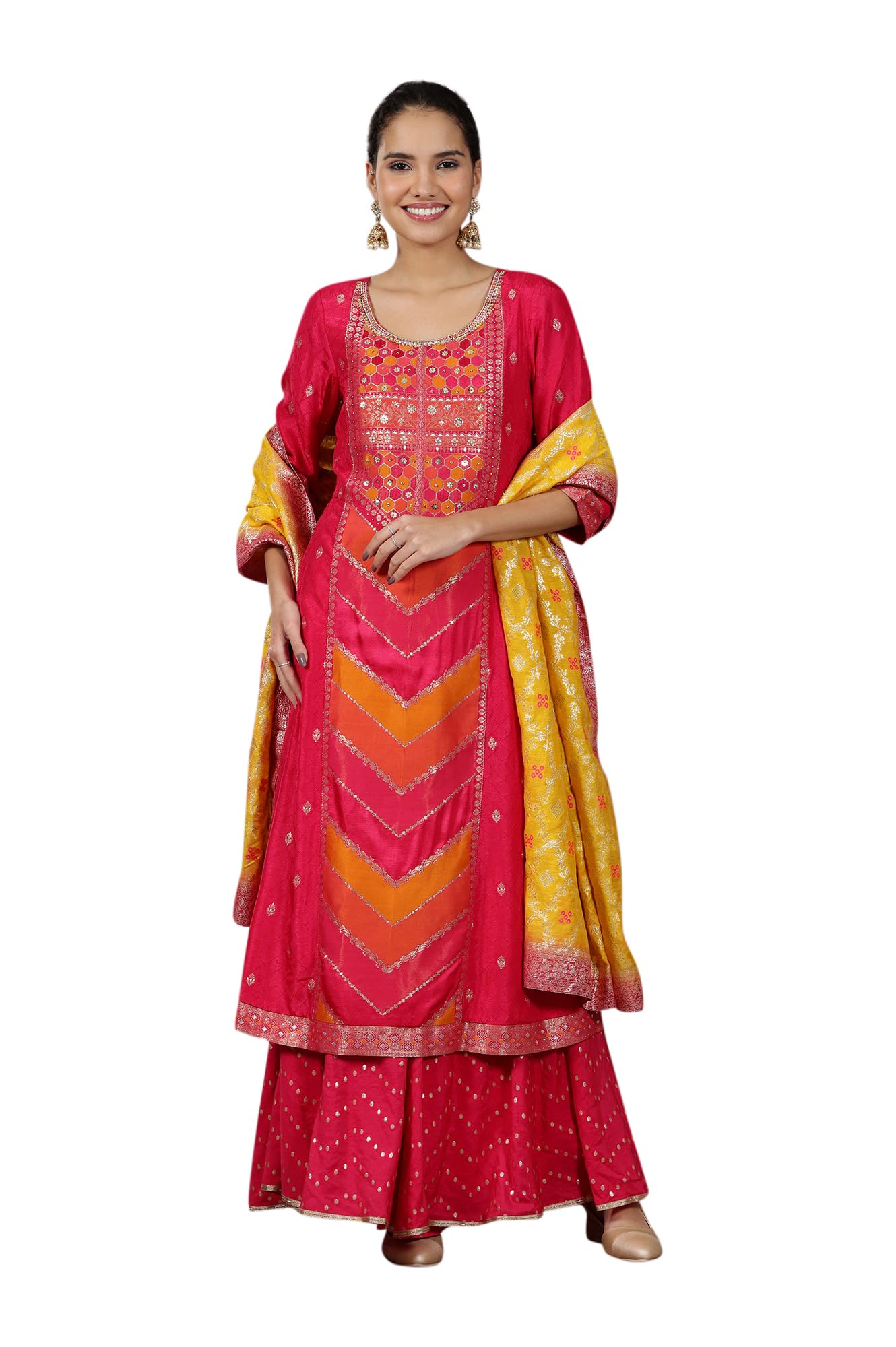 Aurelia Women’s Geometric Printed A-Line Kurta Set with Palazzos and Dupatta for Women