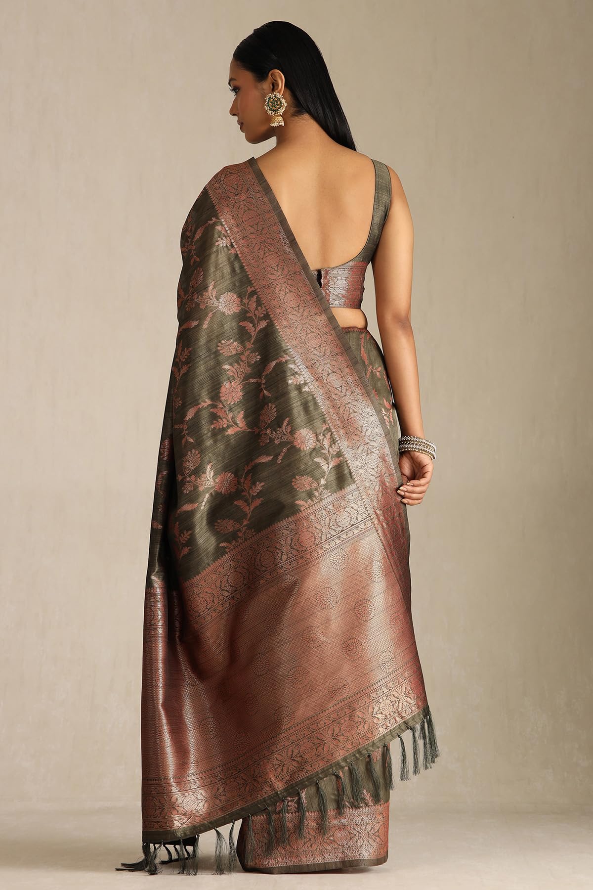 Soch Womens Olive Tussar Floral Print Saree With Zari Woven