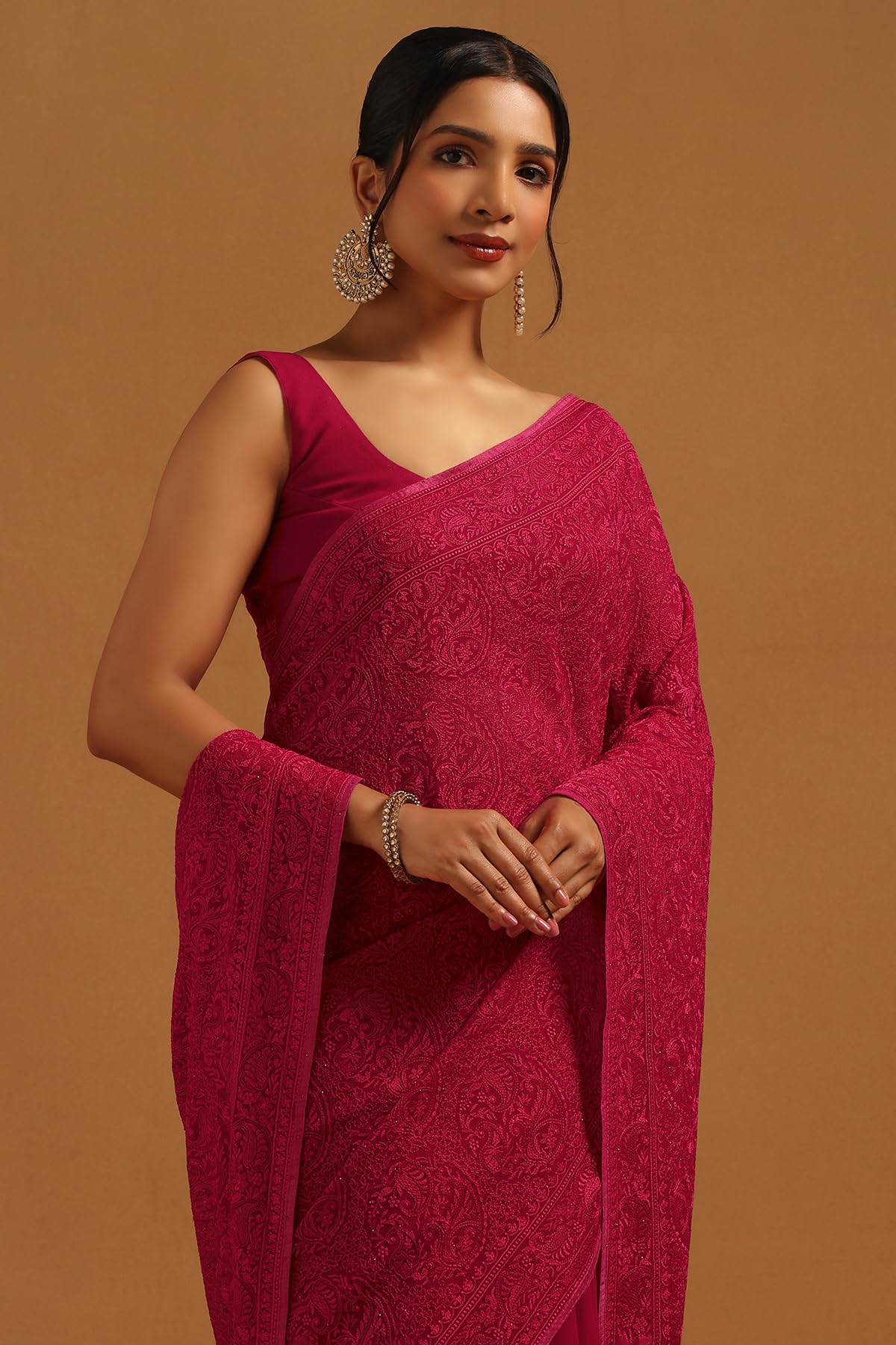 Soch Womens Fuchsia Georgette Botanical Saree With Stone Work