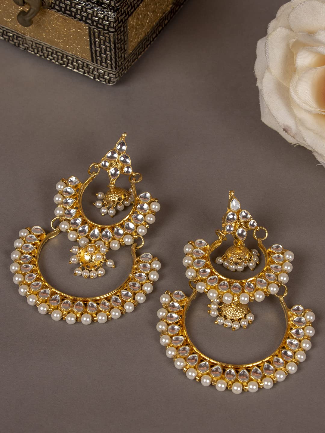 Accessher Traditional Gold Plated Dangle Earrings with Jadau Kundan, Pearl Chandbali, and Jhumki for Women and Girls