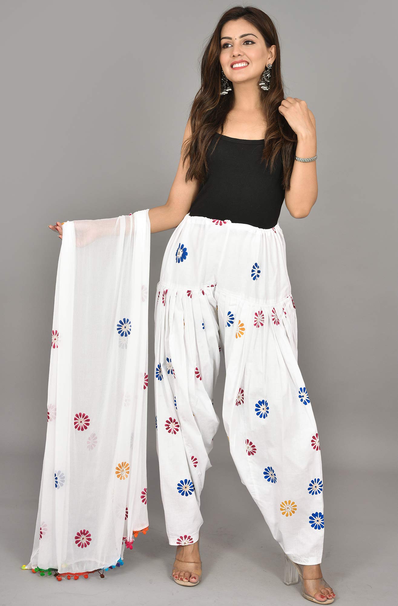 Women's Regular Fit Cotton Casual Style Patiala And Dupatta Set (V_Sal_Dup_Blue_Blue, White_Free Size) Patialas