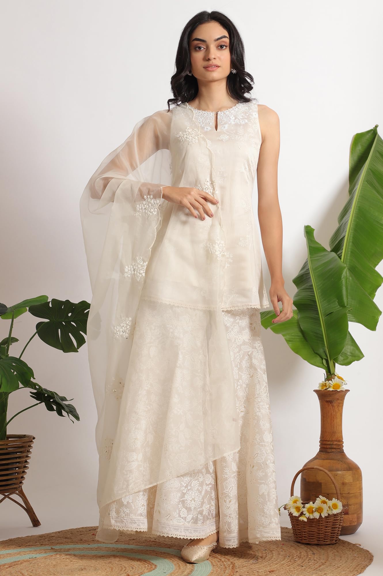 W for Woman White Printed Chanderi Short Kurta, Sharara and Dupatta Set (Size: XL)-WS12349-125210