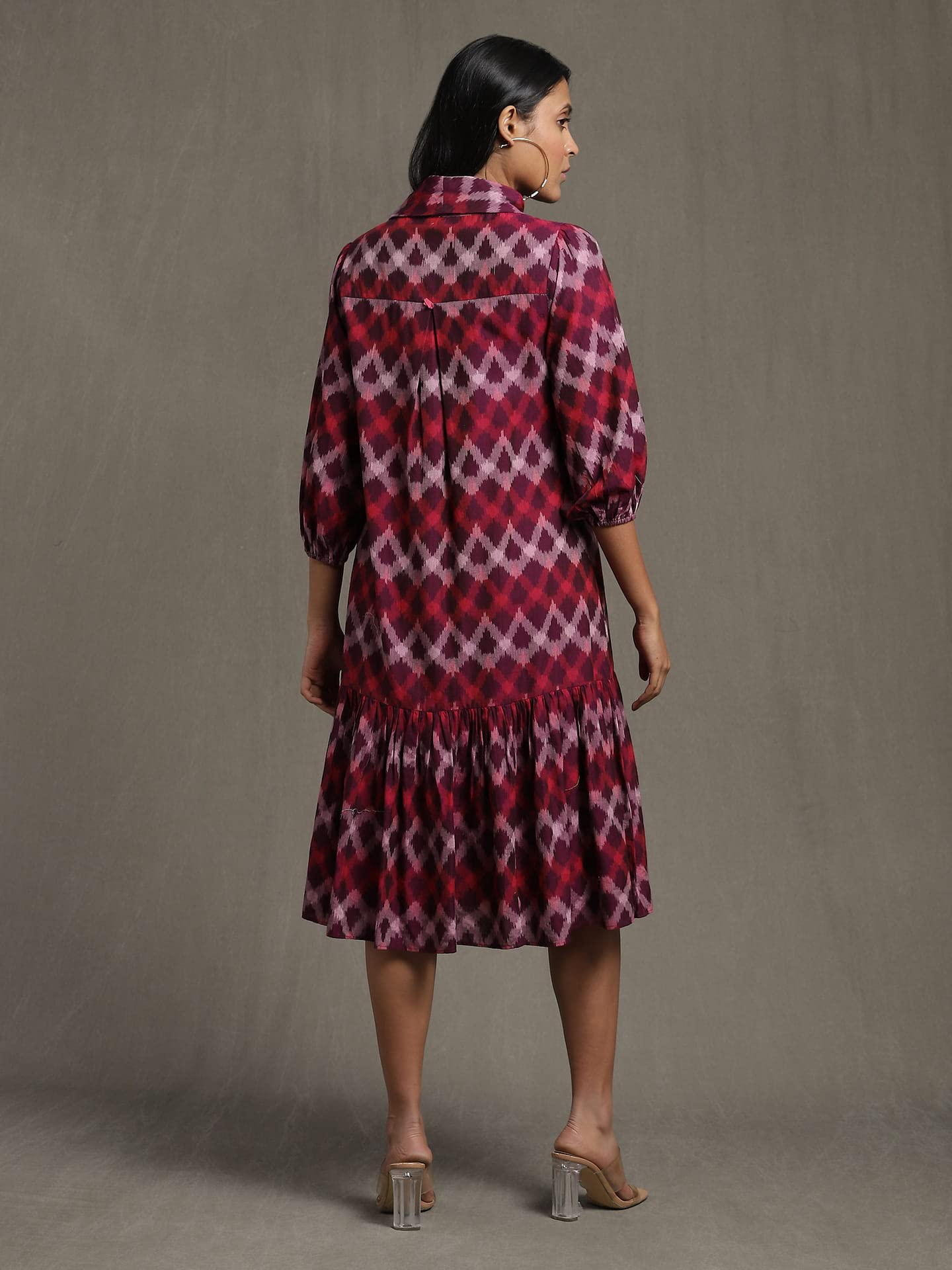 Ritu Kumar Purple Pleated High Neck Midi Dress with Ruffled Hem