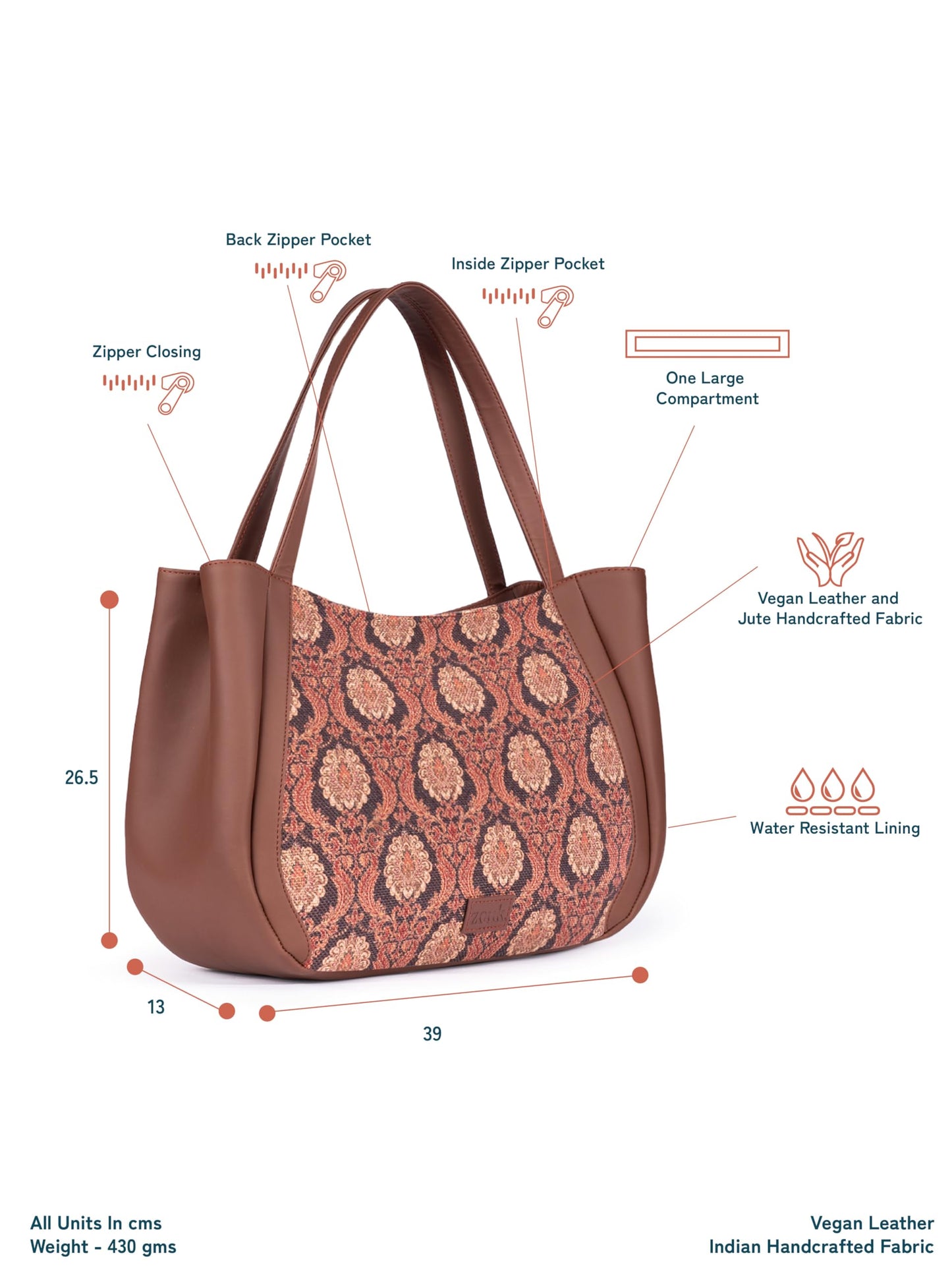 ZOUK Jodhpur Damask Motif Printed Jute Handcrafted Vegan Leather Brown Women's Shoulder Luna Handbags | Ladies Purse Handbag