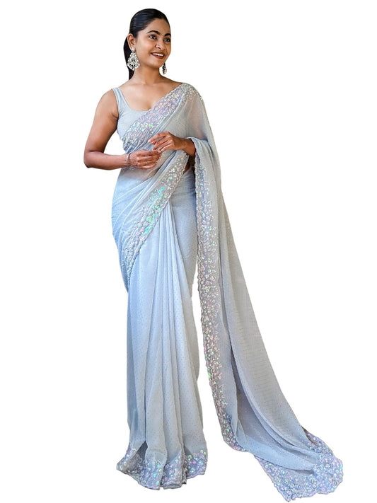 AKHILAM Women's Grey Georgette Sequins Embellished Saree with Unstitched Blouse Piece (KESARI5203_KR)