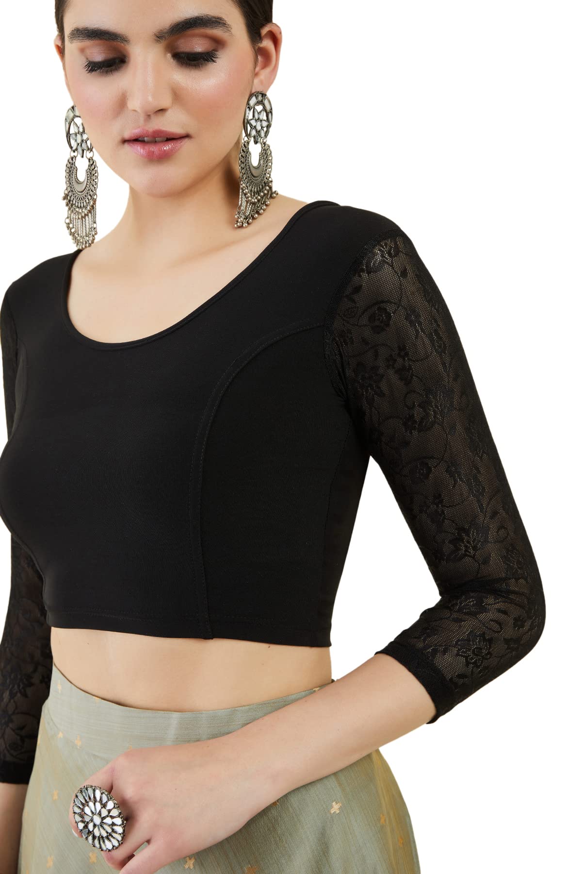 Soch Womens Black Spandex Princess Cut Blouse with Floral Sleeves