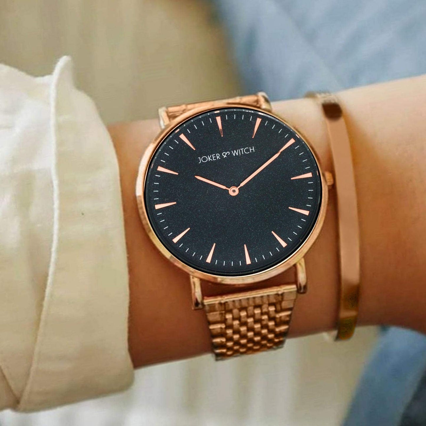 Joker & Witch Stainless Steel Amy Rosegold Analogue Watch Bracelet Stack for Women, Black Dial, Rose Gold Band