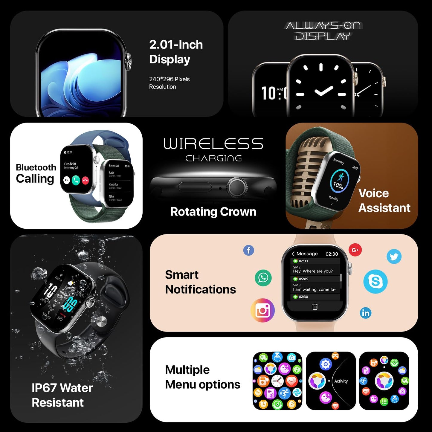 Fire-Boltt Ring X Smartwatch 2.01” Display with Always On Display, Bluetooth Calling, Wireless Charging, AI Voice Assistant, 100+ Sports Modes, Health Suite, 500+ Watchfaces (Blue S)