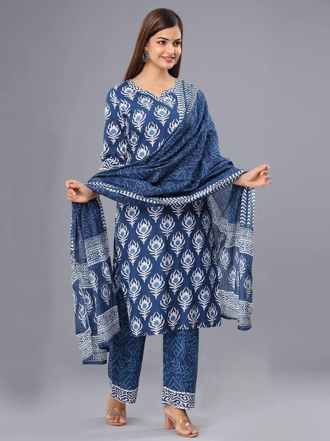 Tee Projekt Women's Cotton Blend Sweetheart Neck Straight Kurta Pant with Dupatta Set ll Block Printed Kurta Set for Women ll Festive Kurta Set for Women Navy