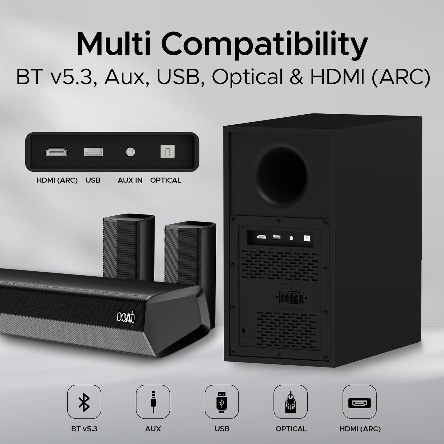 boAt Aavante Bar 3600, 500W Signature Sound,5.1CH Surround Sound, Wall Mountable Design, Bass & Treble with Master Remote Control, Bluetooth Sound Bar, Home Theatre Soundbar Speaker (Premium Black)