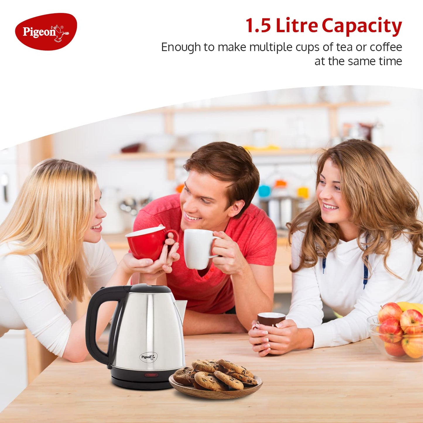 Pigeon by Stovekraft Amaze Plus Electric Kettle (14289) with Stainless Steel Body, 1.5 litre, used for boiling Water, making tea and coffee, instant noodles, soup etc. (Silver)