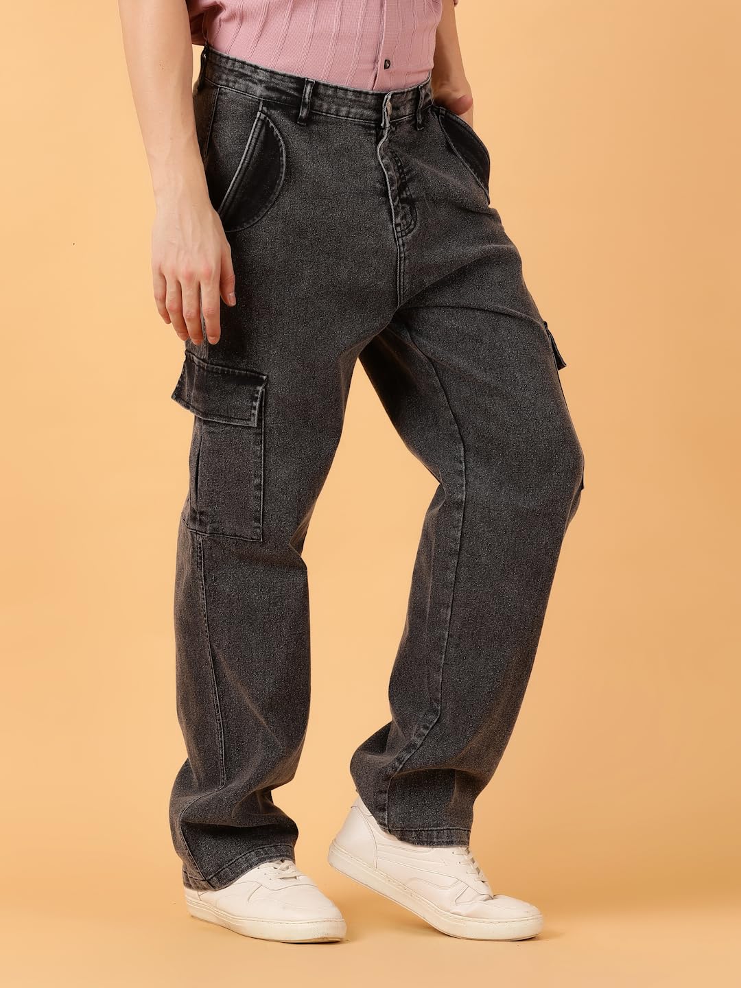 KOTTY Men's Solid Straight Fit Comfortable Cargo Jeans(Grey,32)