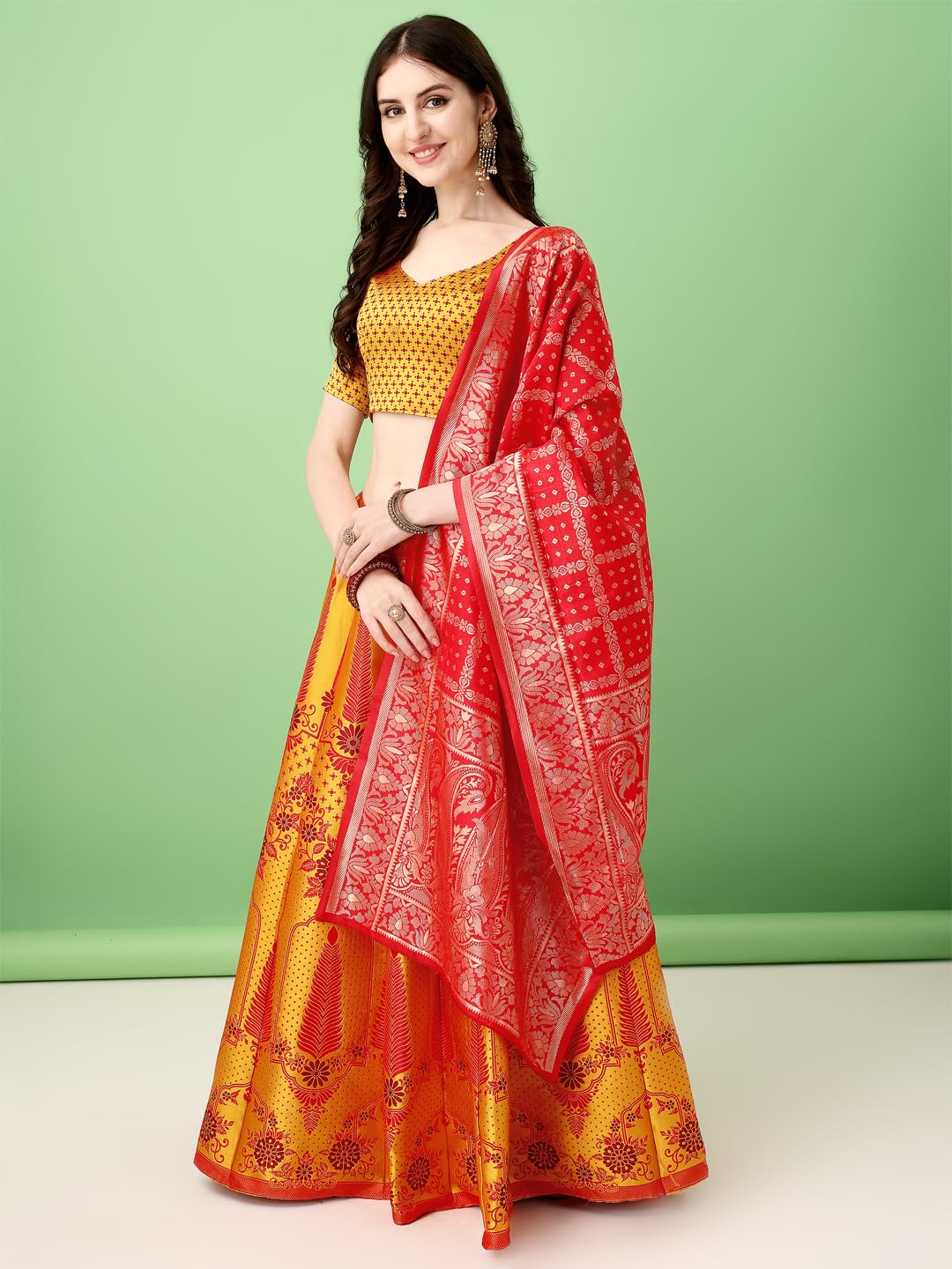 SWAMI STUDIO Womens Banarasi Silk Readymade Lehenga Choli (GOLD), FREE