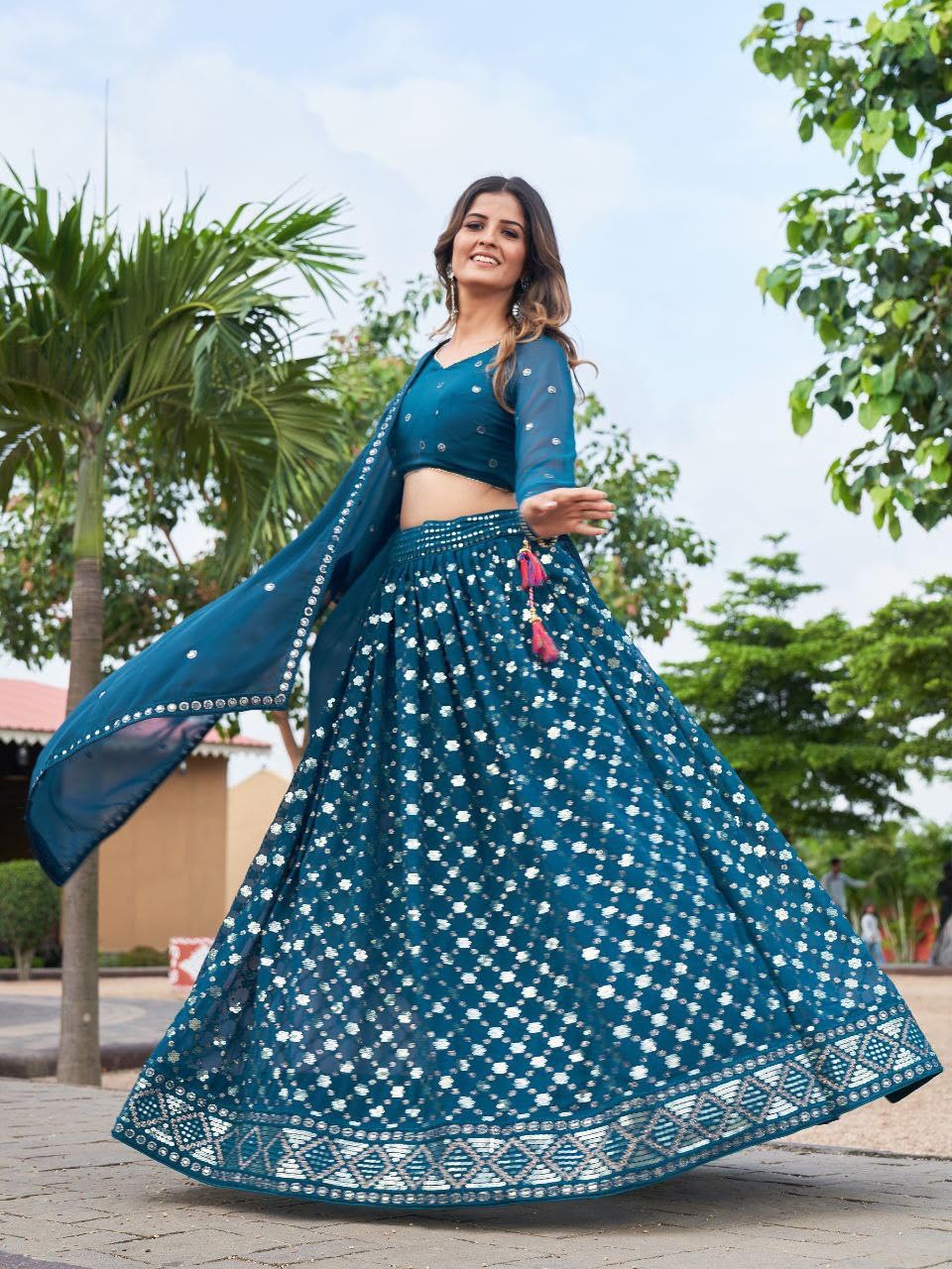 MUNIR Fashion Women's Beautiful Design 3mm Glitter & 7mm Twin Sequence Work Lehenga.(Blue)